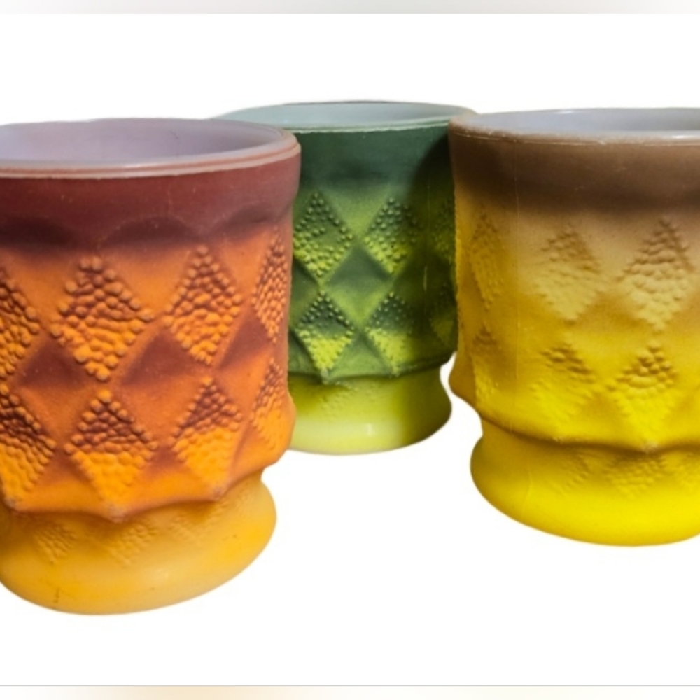 Anchor Hocking Fire-King milk glass Kimberly mugs  set of 3. green orange yellow